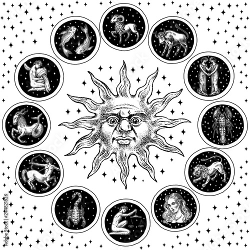 Zodiac Wheel. Astrology horoscope with circle, sun and signs. Calendar template on black background. Collection outline animals. Poster or banner, Label or sticker. Engraved hand drawn vintage sketch.