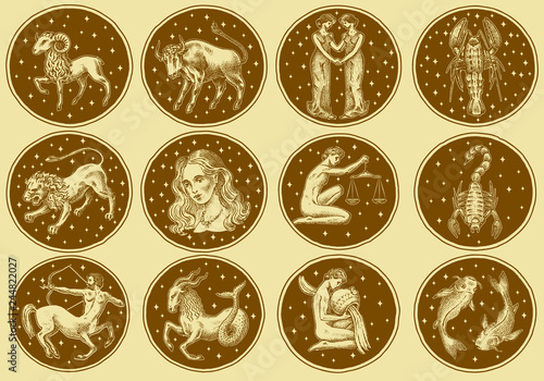 Zodiac icons. Astrology horoscope with signs. Calendar template. Collection outline animals. Labels or stickers for the interface or web site. Classic vintage style. Engraved hand drawn sketch.