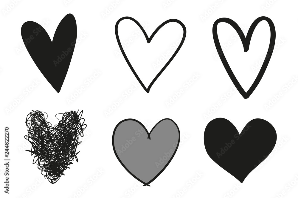 Hand drawn grunge hearts on isolated white background. Set of love signs. Unique image for design. Black and white illustration. Trendy elements for works Hand drawn grunge hearts on isolated white background. Set of love signs. Unique image for design. Black and white illustration. Trendy elements for works