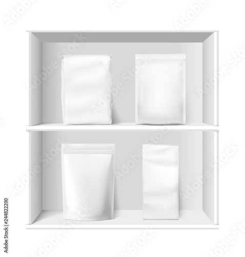 Realistic vertical bag mockups. Vector illustration. Ready for use in presentation, promo, advertising and more. EPS10.