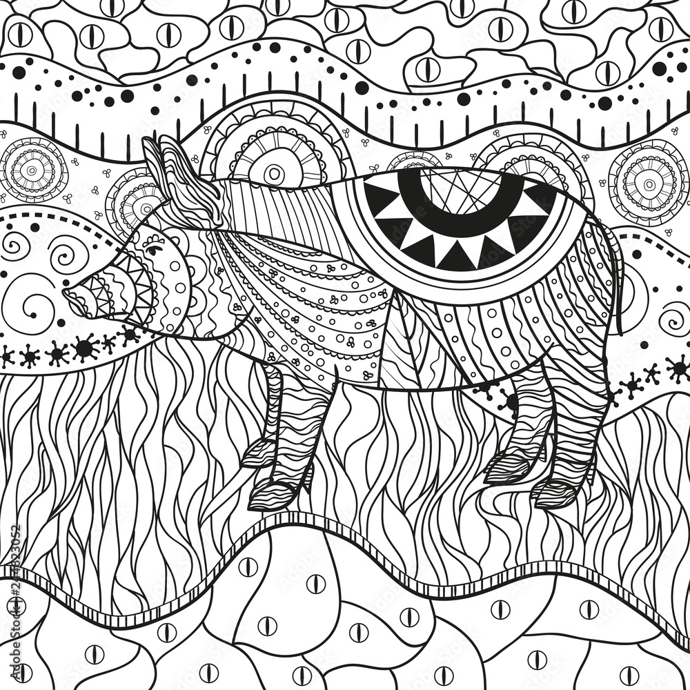 Fototapeta premium Ornate wallpaper with pig. Hand drawn waved ornaments on white. Abstract patterns on isolated background. Design for spiritual relaxation for adults. Line art. Black and white illustration