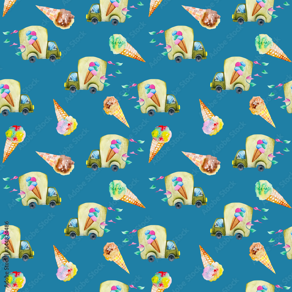 Fototapeta premium Watercolor ice cream truck and ice cream cones seamless pattern
