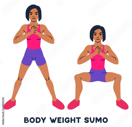Body weight sumo. Wide stance squats. Sport exersice. Silhouettes of woman doing exercise. Workout, training.