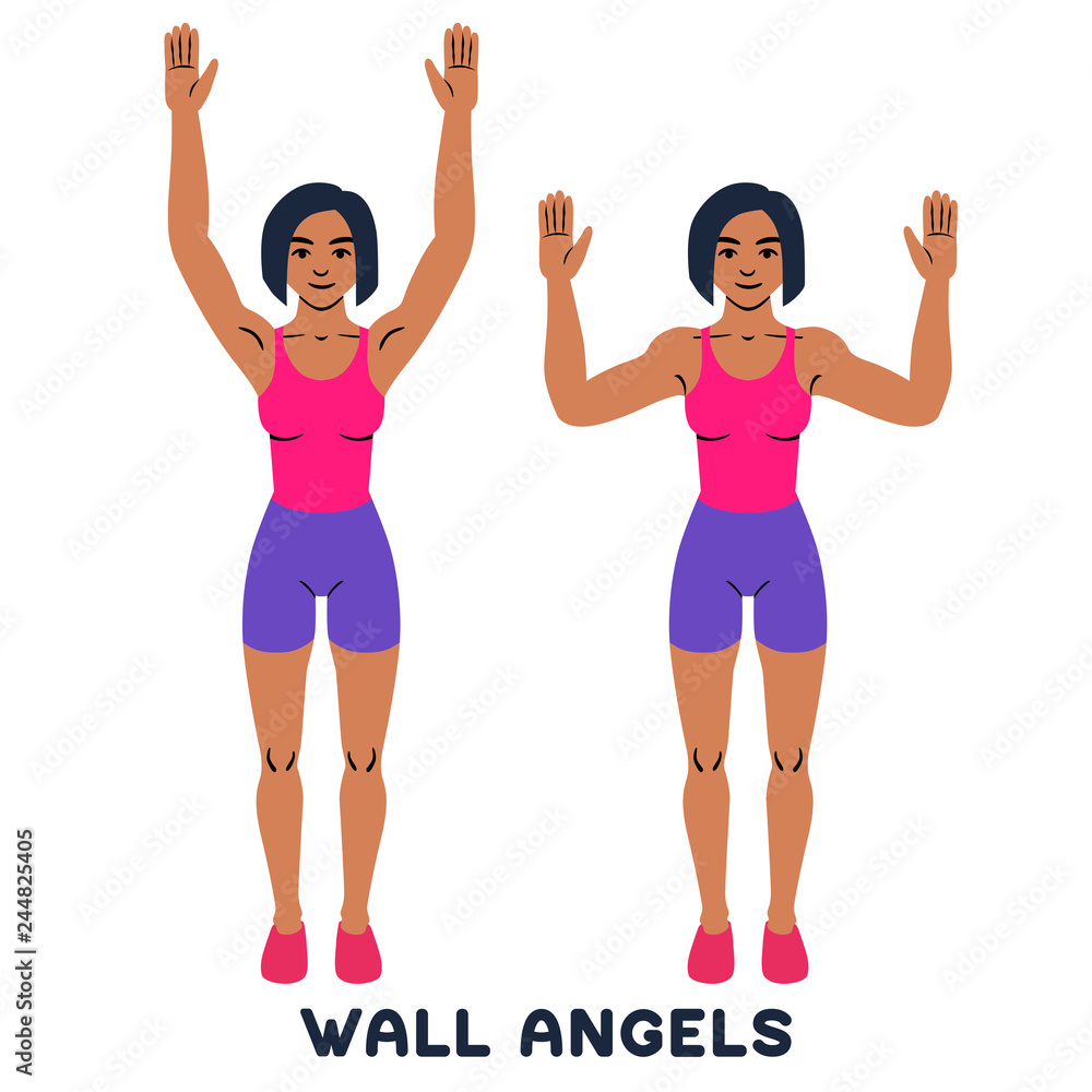 Wall angels. Sport exersice. Silhouettes of woman doing exercise. Workout, training. Wall angels. Sport exersice. Silhouettes of woman doing exercise. Workout, training.