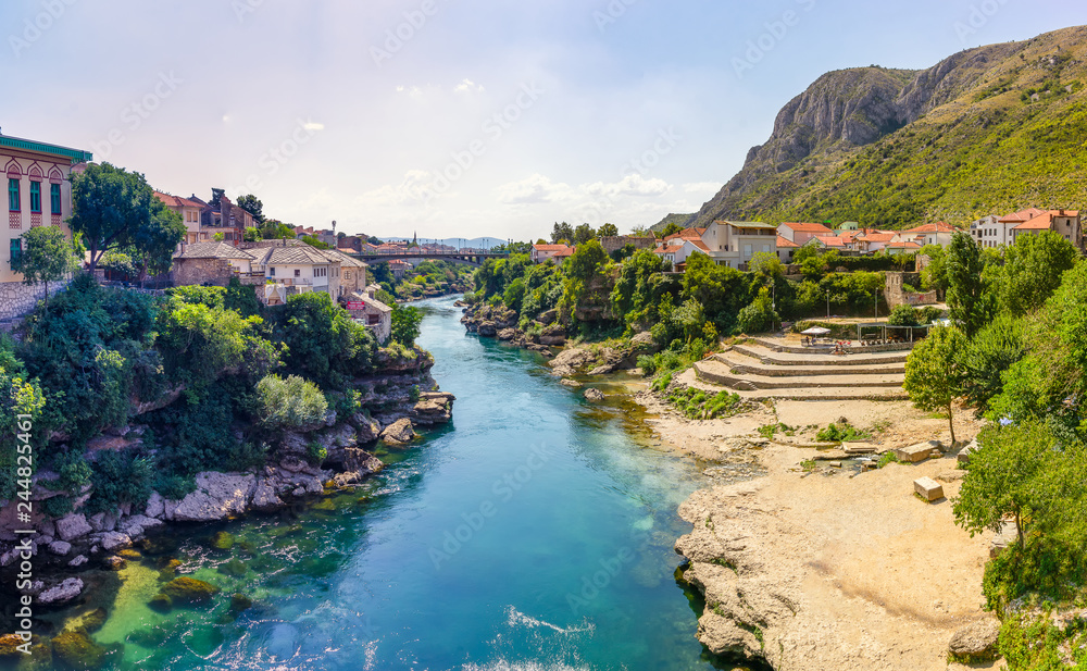 Cityscape view from Mostar most famous bridge