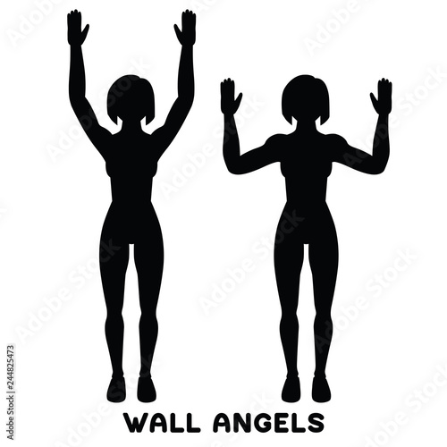 Wall angels. Sport exersice. Silhouettes of woman doing exercise. Workout, training.