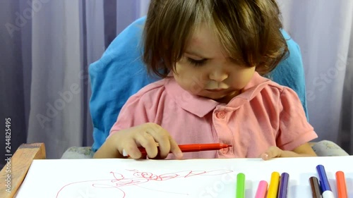 little girl drawing with colored pencils on paper. Eatly start photo
