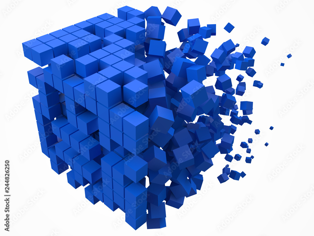 big cubic data block. made with smaller blue cubes. 3d pixel style vector illustration.