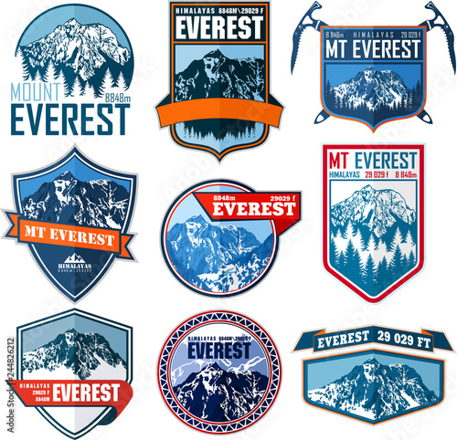 set of Vector Everest mountain logo. Emblem with highest peack in world. Mountaineering label illustration