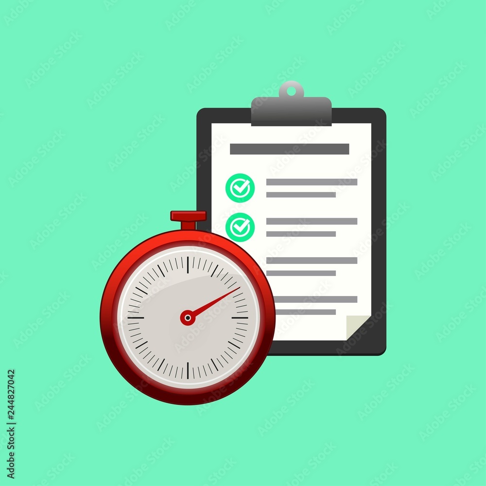 Fast service. Stopwatch with checklist and completed tasks isolated on blue background. Fast service. Stopwatch with checklist and completed tasks isolated on blue background.