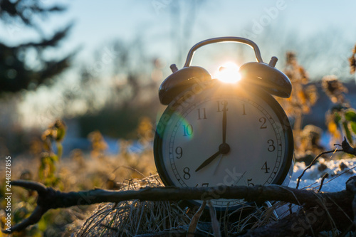 MORNING ALARM CLOCK IN A COLD ICY GRASS WITH SUNRISE