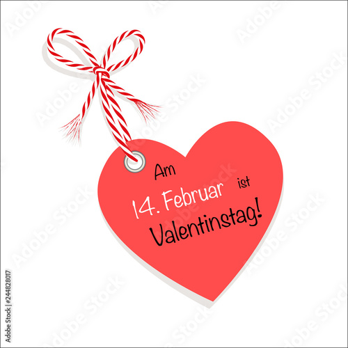 Herz „Am 14 Februar ist Valentinstag“ zum Valentinstag mit rot-weiße Kordel Schnur, Vektor Illustration isoliert auf weißem Hintergrund