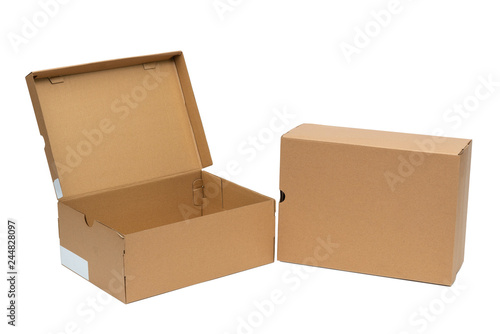 Brown cardboard shoes box with lid for shoe or sneaker product packaging mockup, isolated on white with clipping path.
