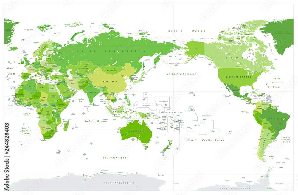 World Map Pacific Centered Spot Green Colors