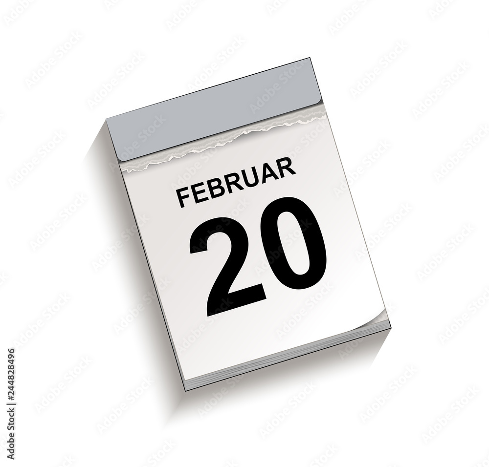 Kalender Februar 20, Abreißkalender mit Datum, Vektor Illustration isoliert auf weißem Hintergrund Kalender Februar 20, Abreißkalender mit Datum, Vektor Illustration isoliert auf weißem Hintergrund