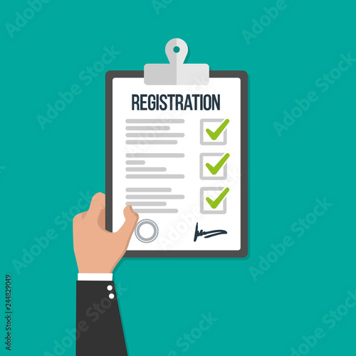 Man hold registration clipboard flat icon