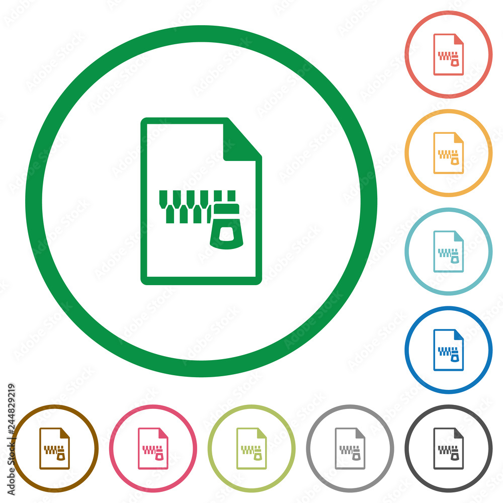 Zipped document flat icons with outlines