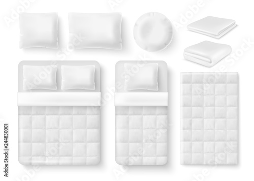 Vector white blank bedding set. Bed, pillow, linen and folded and unfolded blanket, duvet cover realistic templates. photo