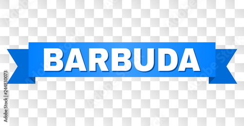 BARBUDA text on a ribbon. Designed with white caption and blue tape. Vector banner with BARBUDA tag on a transparent background.