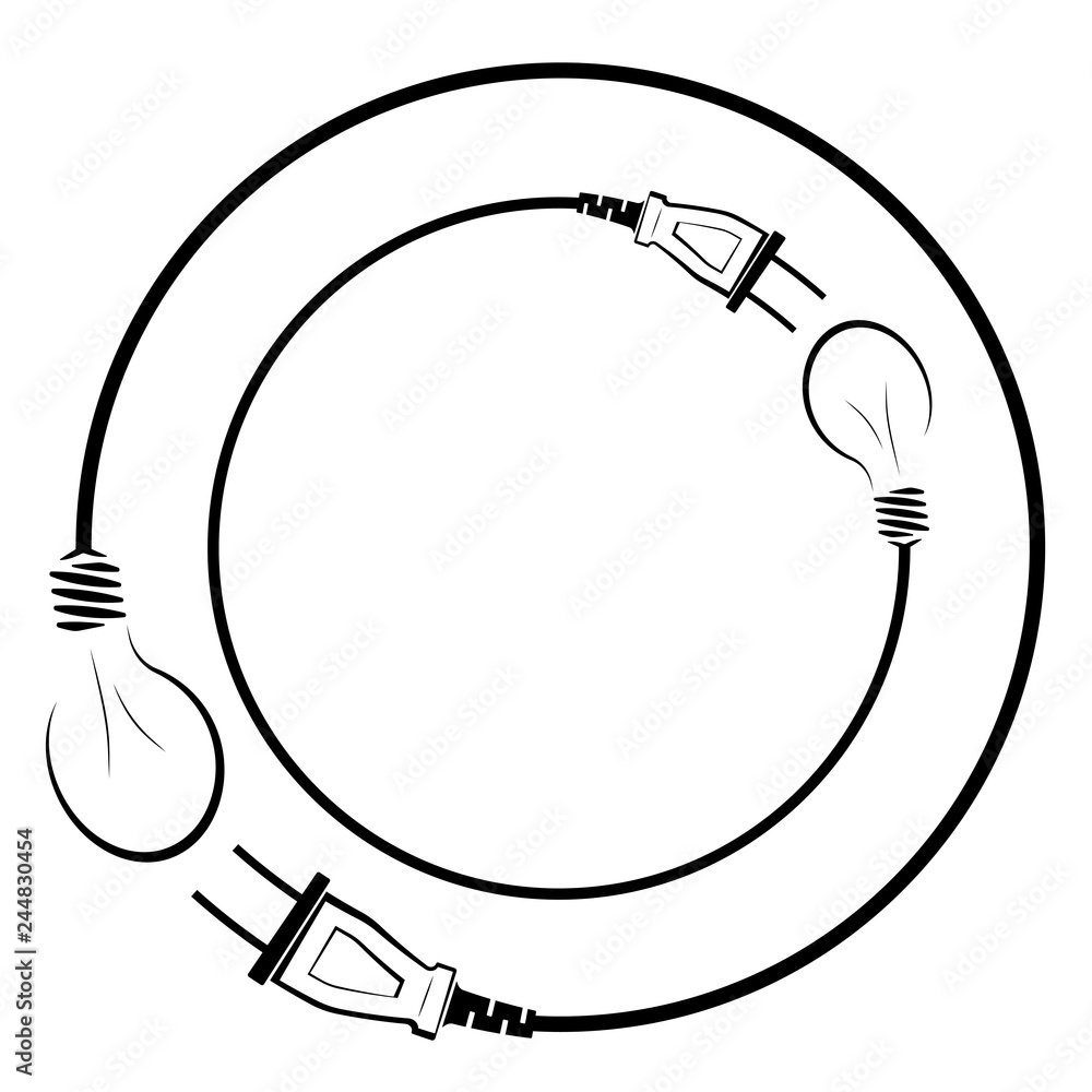 Electric incandescent lamp with wire and plug. Logo for an electrical company. Power supply and energy saving. Black and white logo Electric incandescent lamp with wire and plug. Logo for an electrical company. Power supply and energy saving. Black and white logo