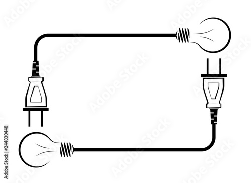Electric incandescent lamp with wire and plug. Logo for an electrical company. Power supply and energy saving. Black and white logo