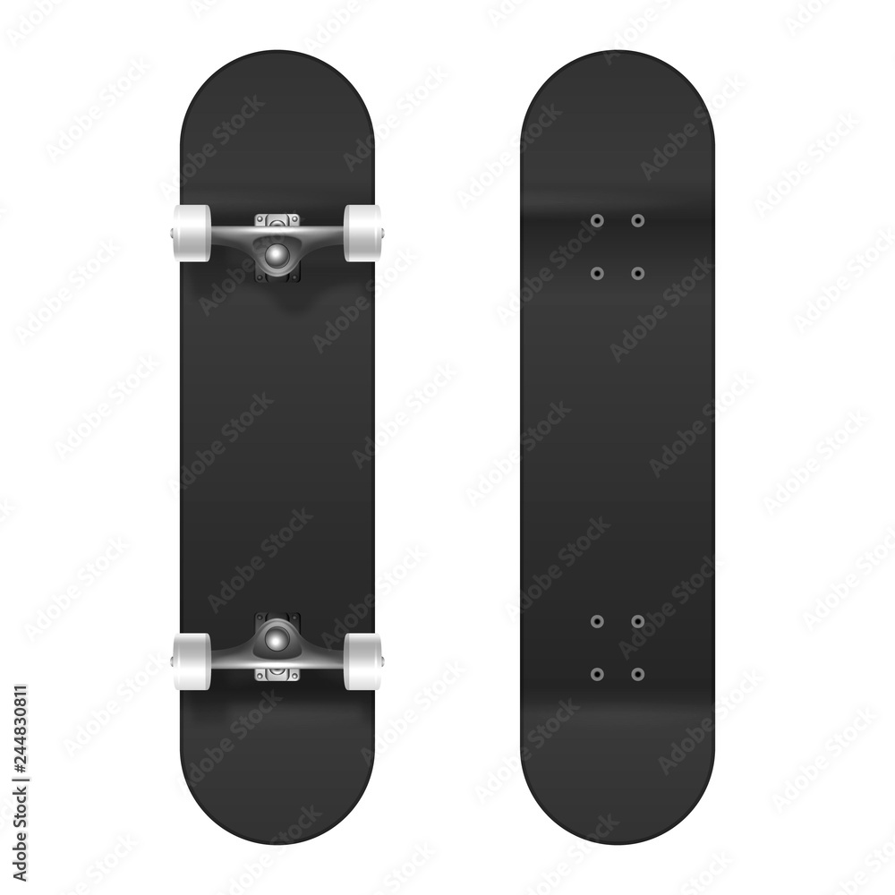 Skateboarding. Vector Realistic 3d Black Blank Skateboard Icon Set Closeup  Isolated on White Background. Design Template of Skate Board Showing the  Top and Bottom for Mockup. Top view vector de Stock