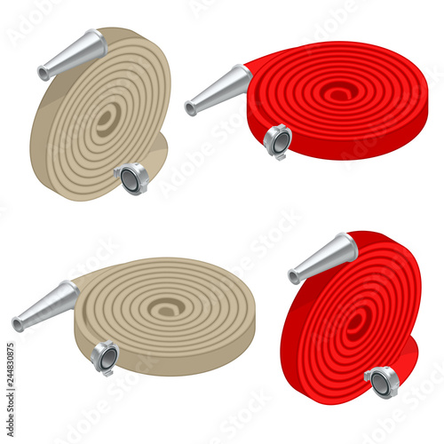 Isometric set of fire hoses. Fire safety and protection. Rolled into a roll, red fire hose with aluminum connective couplings isolated. Vector illustration