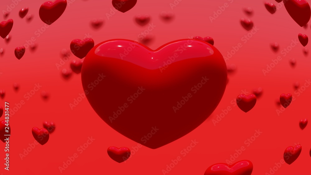 Red hearts on the red background, bokeh, 3D rendering