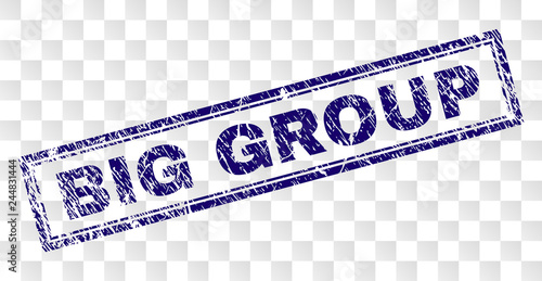 BIG GROUP stamp seal print with rubber print style and double framed rectangle shape. Stamp is placed on a transparent background. Blue vector rubber print of BIG GROUP tag with unclean texture.