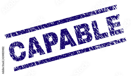 CAPABLE seal print with grunge style. Blue vector rubber print of CAPABLE tag with corroded texture. Text title is placed between parallel lines.