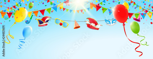 Fasching - Himmel mit Luftballons, Girlanden und Fasching Accessoires Banner