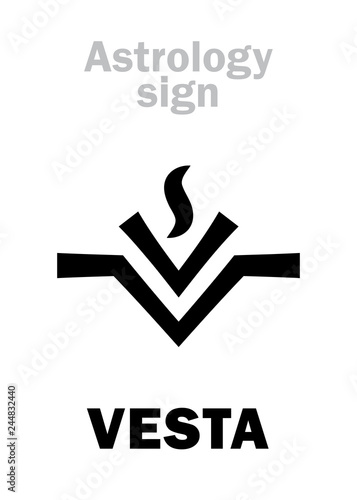 Astrology Alphabet: VESTA, asteroid #4, most bright in Asteroids belt. Hieroglyphics character sign (modern symbol: the fire on the hearth or altar).