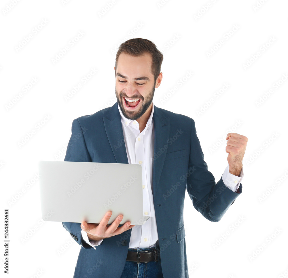 Emotional businessman in office wear with laptop celebrating victory on white background Emotional businessman in office wear with laptop celebrating victory on white background