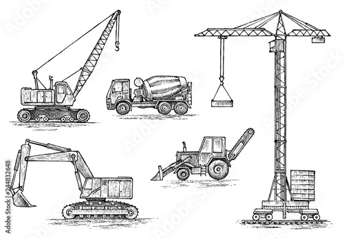 Engineering vehicle. Heavy equipment for the construction of buildings. Agricultural machinery. Crane and agrimotor, tractor and excavator, concrete truck for farm and earthwork operations. Hand drawn