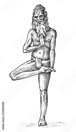 International Yoga. National Man is meditating in indian culture. Character in Hatha Vrksasana position, zen pose. Illustration in boho style for banner. Hand drawn Engraved vintage sketch.