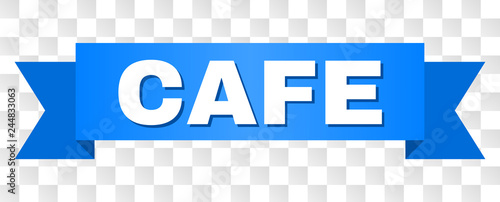 CAFE text on a ribbon. Designed with white caption and blue tape. Vector banner with CAFE tag on a transparent background.