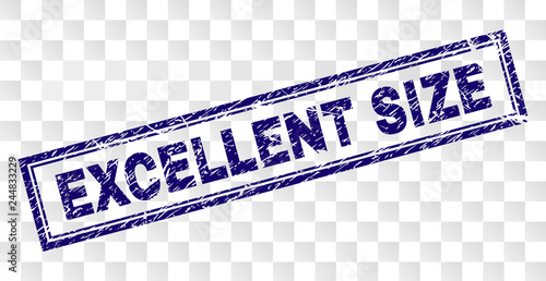 EXCELLENT SIZE stamp seal print with scratched style and double framed rectangle shape. Stamp is placed on a transparent background. Blue vector rubber print of EXCELLENT SIZE text with dirty texture.