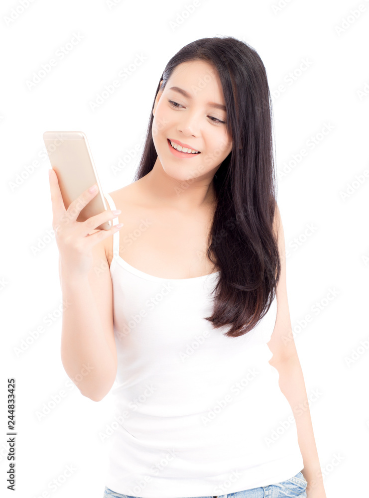 Beautiful of portrait asian young woman smile and happy talking calling with mobile phone isolated on white background, communication concept. Beautiful of portrait asian young woman smile and happy talking calling with mobile phone isolated on white background, communication concept.