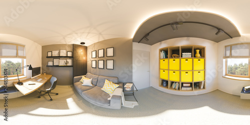 Seamless 360 vr home office panorama. 3d illustration of modern apartment interior design