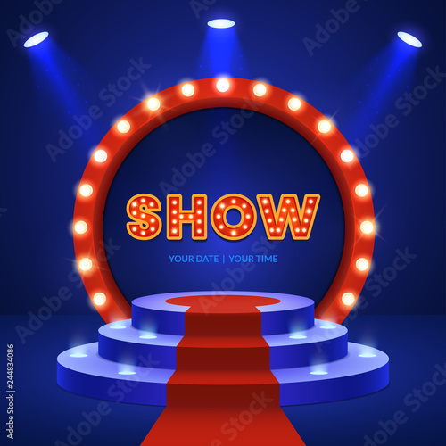 Show invitation concept. Stage podium with ceremonial red carpet and spotlights. Round podium scene for award ceremony, performance or concert. Event Announcement Design. Vector eps 10.