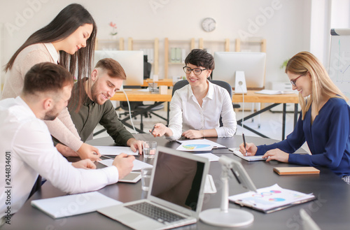 Office employees having meeting in conference room. Finance trading