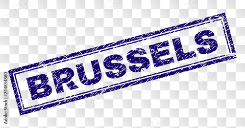 BRUSSELS stamp seal imprint with rubber print style and double framed rectangle shape. Stamp is placed on a transparent background. Blue vector rubber print of BRUSSELS tag with unclean texture.