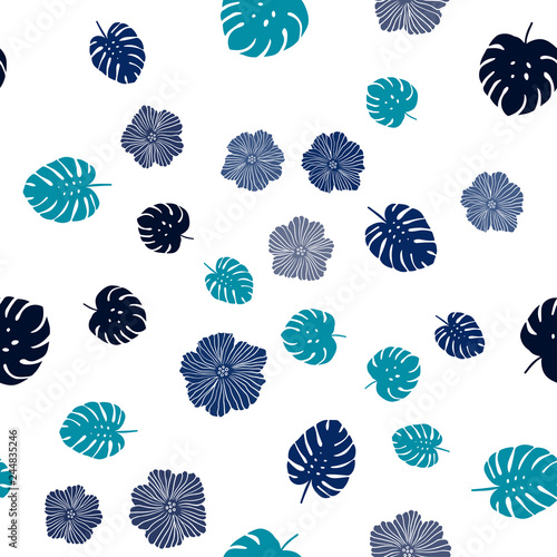 Dark BLUE vector seamless doodle texture with flowers, leaves.