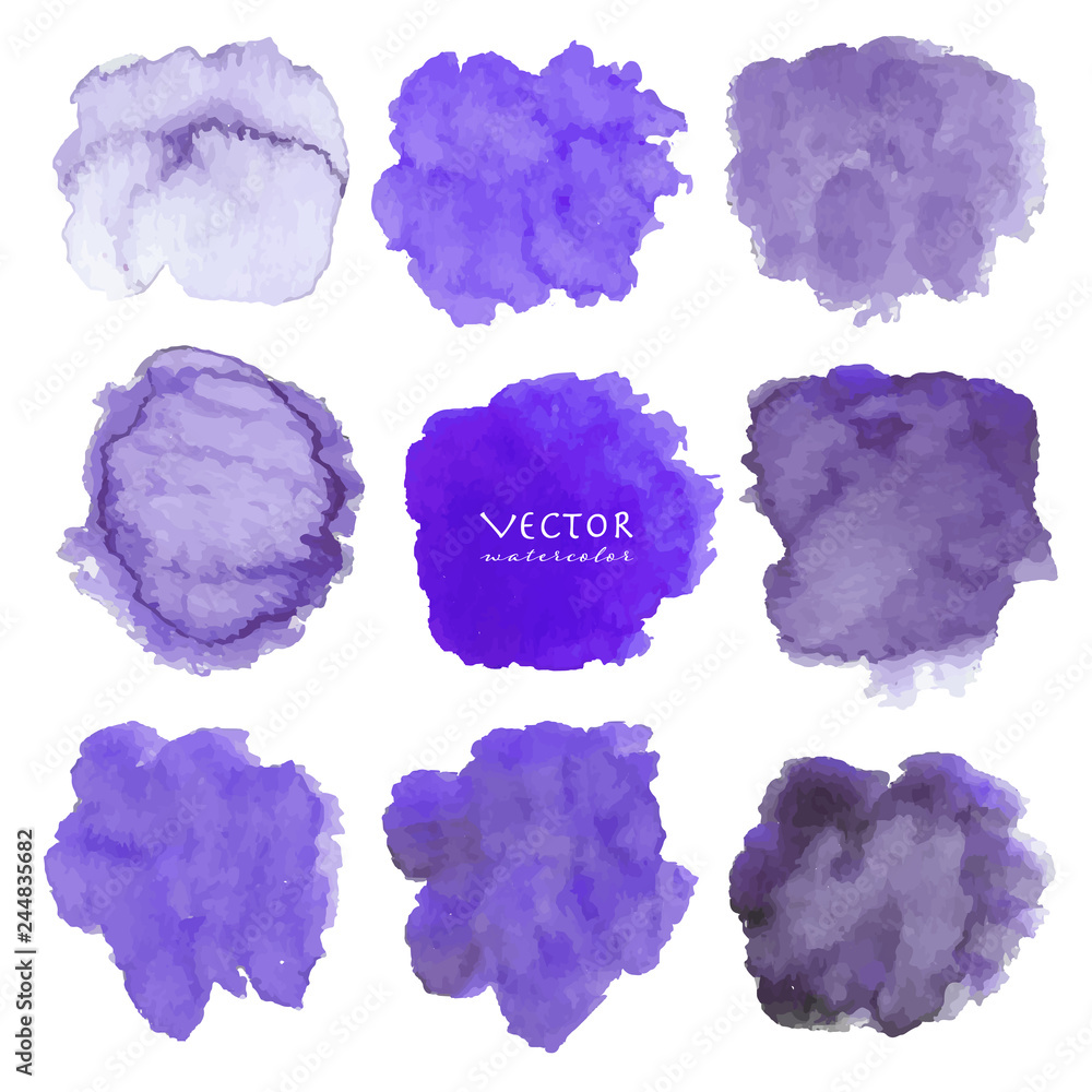 Set of purple watercolor on white background, Brush stroke watercolor, Vector illustration.