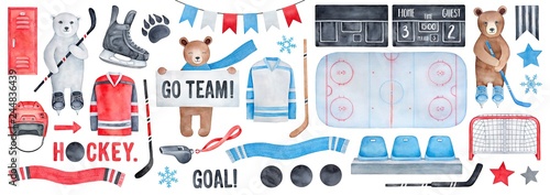 Photography Big Ice Hockey Set with brown and polar bear characters, various thematic symbols, cheering fan signs and celebration bunting