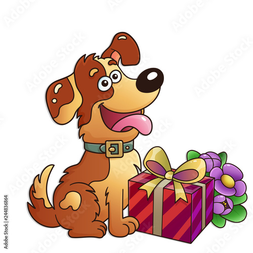 Funny dog with gift and flowers isolated on white background. Greeting card. Birthday. Valentine's day. For kids.