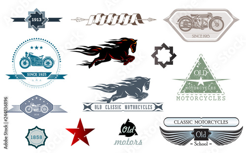 Car repair, garage, auto service emblems. Vintage design elements for logo, label, sign. Vector logo for motorcycle and car restoration, repair and racing.