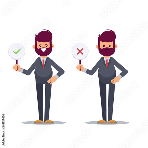 Business man showing check mark confirmation or approval and reject cross mark sign placards.