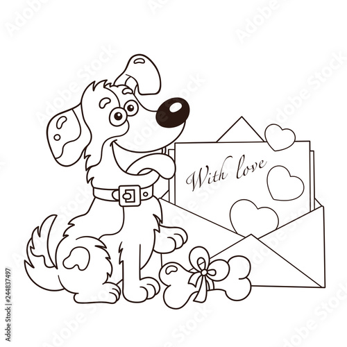 Coloring Page Outline Of cartoon dog with letter. Greeting card. Birthday. Valentine's day. Coloring book for kids.