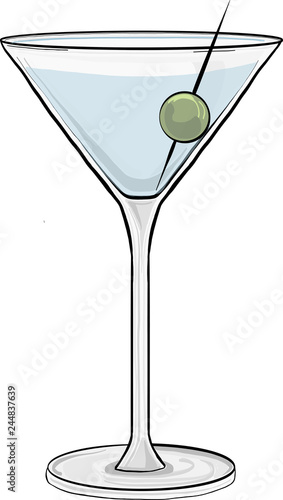 Hand drawn illustration. Cute cartoon martini glass with an olive on a toothpick floating inside.